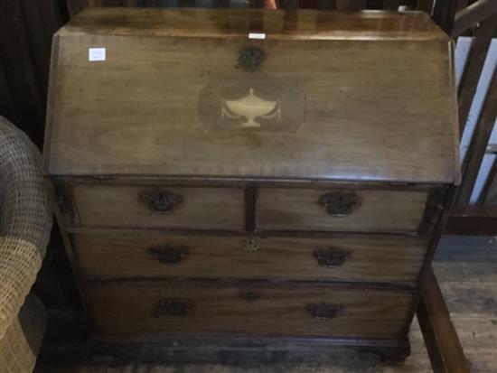 George III inlaid mahogany bureau(-)